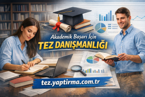 İki öğrenci masa başında çalışma halinde; afişte Akademik Başarı için Tez Danışmanlığı yazısı ve tez.yaptirma.com.tr adresi yer alıyor.