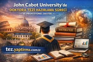 Graduate in cap and gown faces John Cabot University, with a stack of books, a laptop showing charts, and a diploma scroll nearby.
