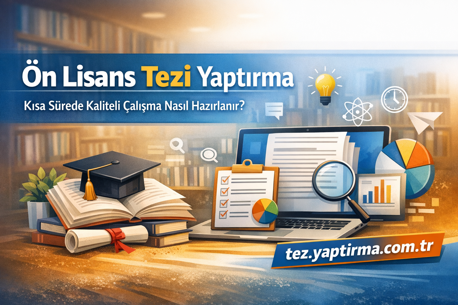 Promotional banner for thesis writing service in Turkish, with books, graduation cap, checklist, laptop and data charts.