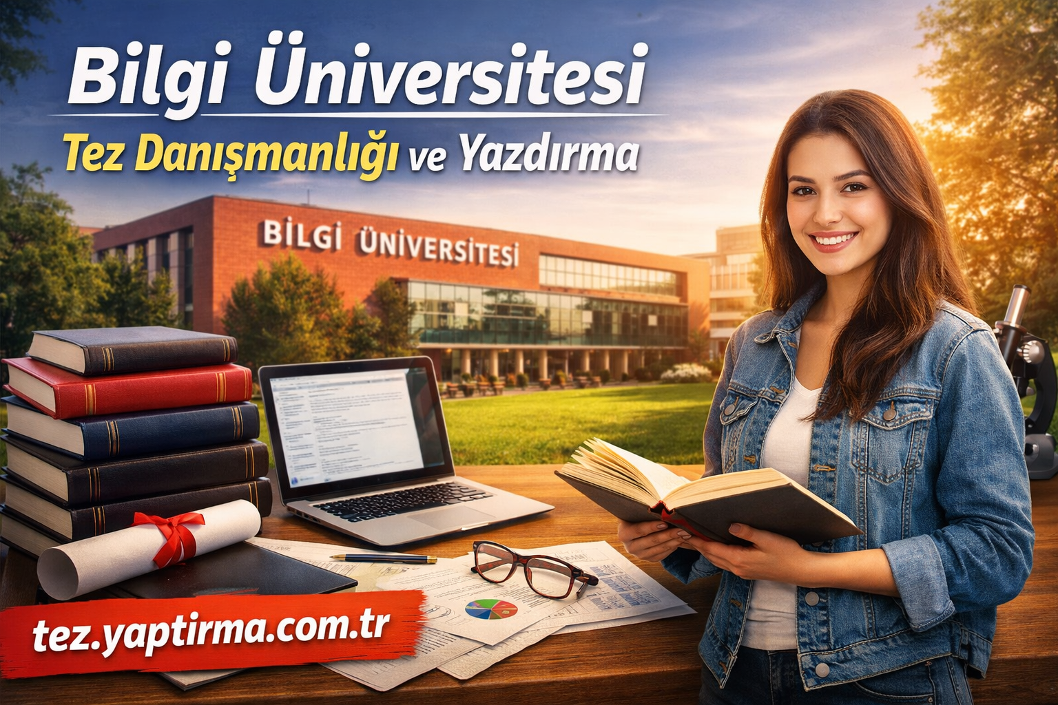 Smiling woman in a denim jacket holding a book at a desk with a laptop, papers and glasses, in front of Bilgi University.