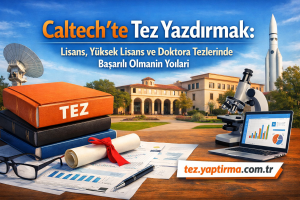 Promotional banner for thesis printing at Caltech, featuring a stack of books labeled TEZ, diploma scroll, glasses, charts on a laptop, a microscope, a rocket, and a university courtyard with a blue sky in the background; Turkish headline above.