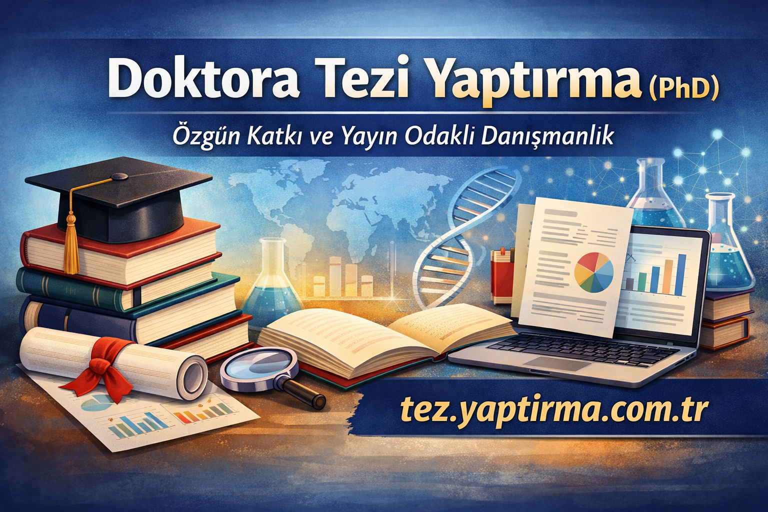 Doktora tezi yaptırma hizmeti reklamı; kitaplar, DNA sarması ve grafiklerle dolu akademik çalışma görseliyle desteklenmiş.