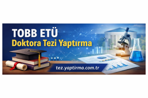 Banner promoting PhD thesis writing help with graduation cap, diplomas, lab equipment, and charts; tez.yaptirma.com.tr