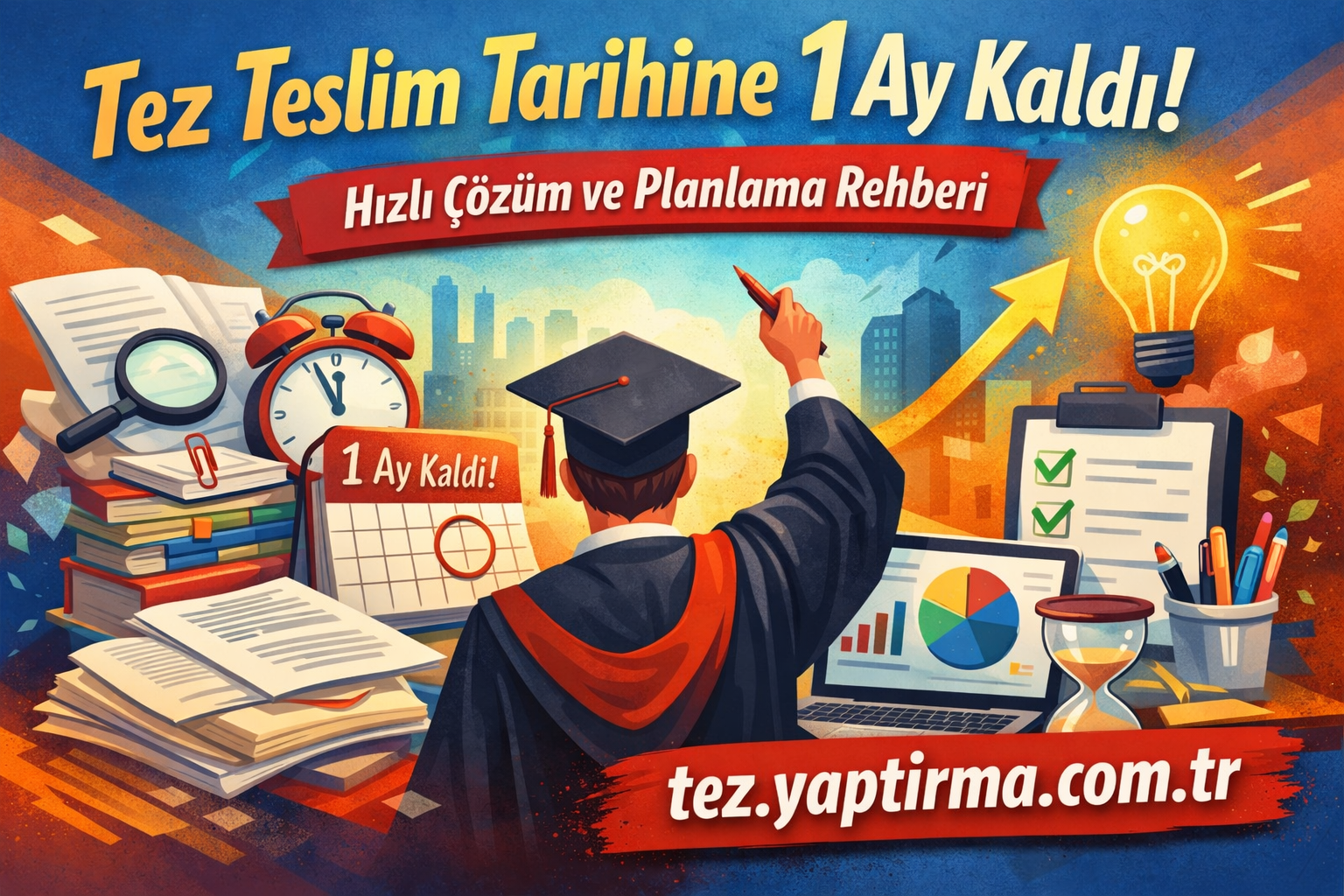 Tez Teslim Tarihine 1 Ay Kaldı Ne Yapmalıyım - Tez Yazdırma & Danışmanlık Merkezi Renkli afiş: 'Tez Teslim Tarihine 1 Ay Kaldı!' yazısı, mezuniyet kepi takan öğrenci elini havaya kaldırıyor; masa üzerinde kitaplar, notlar ve bir bilgisayar gösteriliyor.