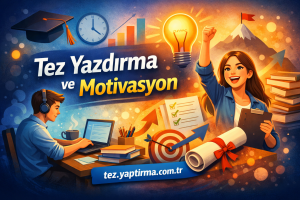 Bright promotional banner: smiling student at a laptop, cheering student with a clipboard, lightbulb and graduation cap, symbolizing thesis writing and motivation; tezyaptirma.com.tr