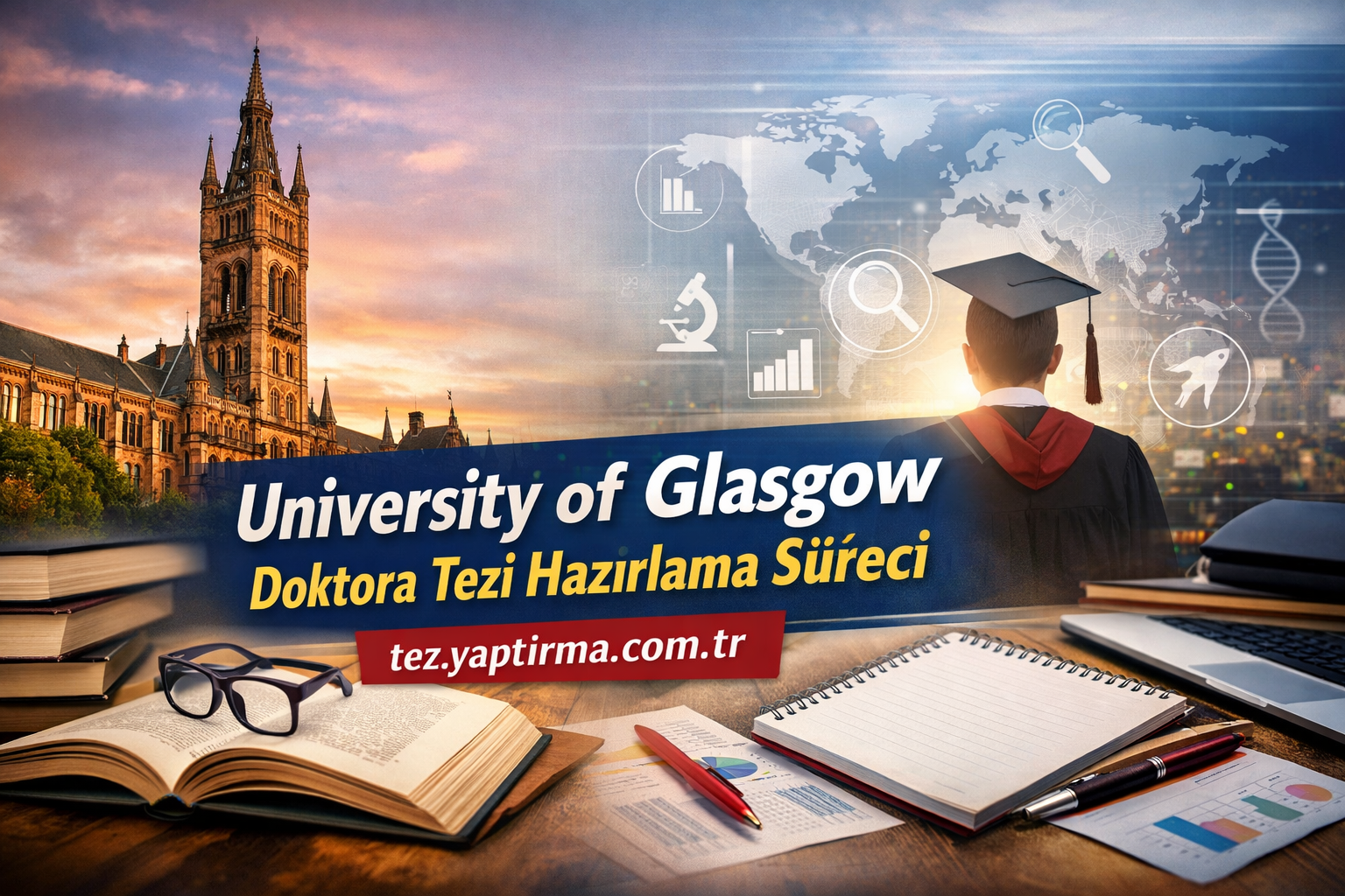 University of Glasgow Doktora Tezi Hazırlama Süreci - Tez Yazdırma & Danışmanlık Merkezi University of Glasgow PhD thesis prep banner with a graduate in a cap, campus tower, and study desk with books and notebooks.