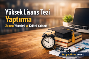 Yüksek lisans tezi yaptırma hizmeti için masa başında; saat, mezuniyet kepi, kitaplar ve laptop görseliyle zaman yönetimi vurgulanıyor.