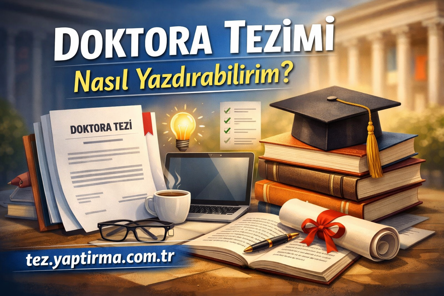Turkish educational scene: stacked books, a graduation cap, diploma scroll, laptop, and thesis papers for writing a doctoral dissertation at a university campus backdrop.