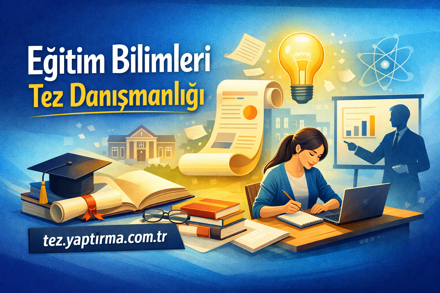 Poster-style ad for Educational Sciences thesis counseling: a student at a desk with books, diploma scroll, and a laptop amid a bright background.