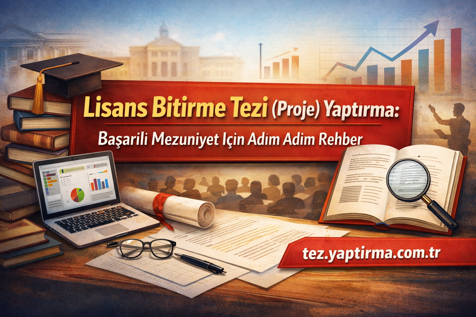 Lisans Bitirme Tezi Proje Yaptırma - Tez Yazdırma & Danışmanlık Merkezi Turkish thesis help banner with stacked books, graduation cap, laptop showing charts, a rolled diploma, and an open book with a magnifying glass.