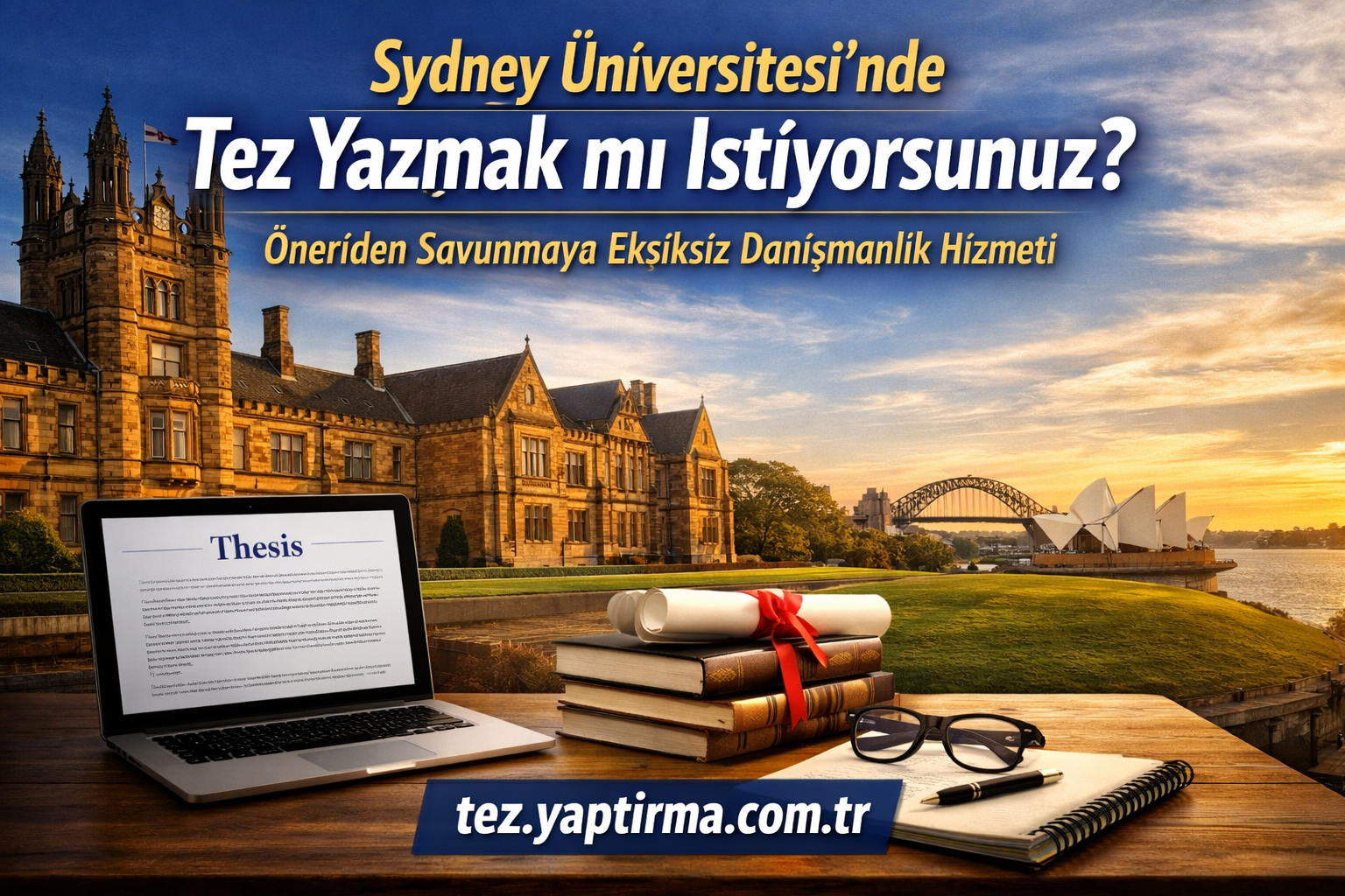 Turkish ad banner: Sydney University backdrop with laptop showing 'Thesis', stacked books, ribbon, glasses and notebook on a desk; tez.yaptirma.com.tr