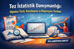 Turkish statistics consulting banner with charts, a laptop showing a scatter plot, a pie chart, magnifying glass, books, and a presenter on a blue background.