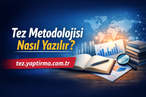 Banner: 'Tez Metodolojisi Nasıl Yazılır?' with a desk scene including an open notebook, pen, charts, and a magnifying glass on a blue background.