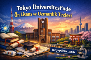 Poster-style image advertising Tokyo University undergraduate and master's theses in Turkish, featuring a university building, Tokyo landmarks, books, a graduation cap, and a website link tez.yaptrima.com.tr