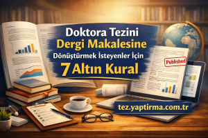 Doktora tezini dergi makalesine dönüştürmek için 7 Altın Kural başlıklı görsel; masa üstünde kitaplar, kahve ve laptopla çalışma alanı.