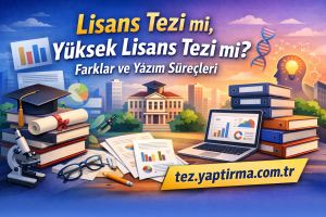Başlık: Lisans Tezi mi, Yüksek Lisans Tezi mi? Farklar ve Yazım Süreçleri; eğitim temalı görselde grafikler, kitaplar ve dizüstü bilgisayar gösteriliyor.