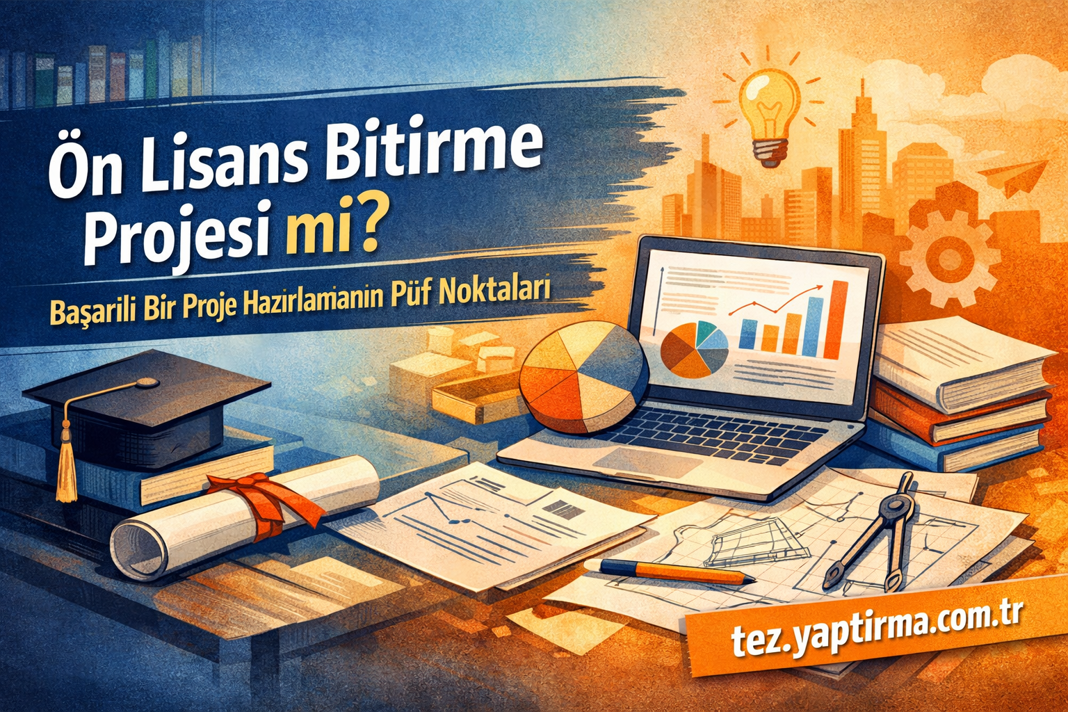 Turkish educational banner showing a laptop with charts, a rolled diploma, graduation cap, stacked books, and blue–orange colors on a desk.