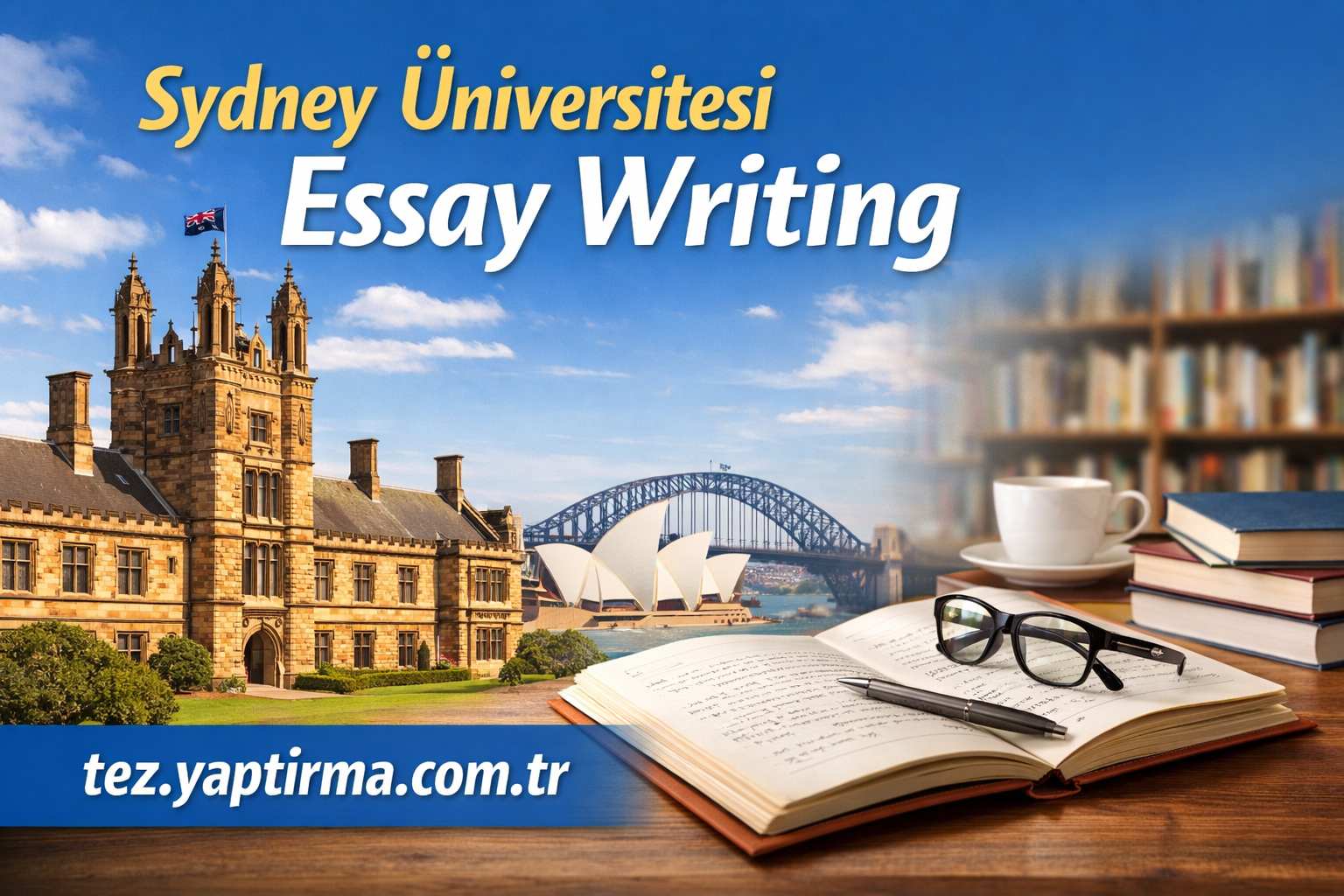 Promotional banner for Sydney University Essay Writing showing a historic campus, Sydney Opera House and Harbour Bridge, plus a desk with notebook, glasses, and stacked books; tez.yaptirma.com.tr
