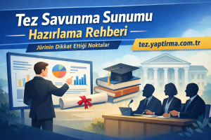 Poster depicting a thesis defense presentation: professor explains charts to a panel of three, with diploma, books, and graduation cap on display.