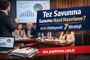 Business meeting in a conference room with a presenter and a large blue banner reading 'Tez Savunma Sunumu Nasıl Hazırlanır? Jüriyi Etkileyecek 7 Strateji' and a website tez.yaptirma.com.tr