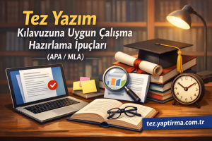 Tez yazımı için çalışma ipuçları içeren banner: laptop, kitaplar, diploma, mezuniyet töreni rozetli şapka, büyüteç ve masa saatiyle masa üzerinde. (tez.yaptırma.com.tr)