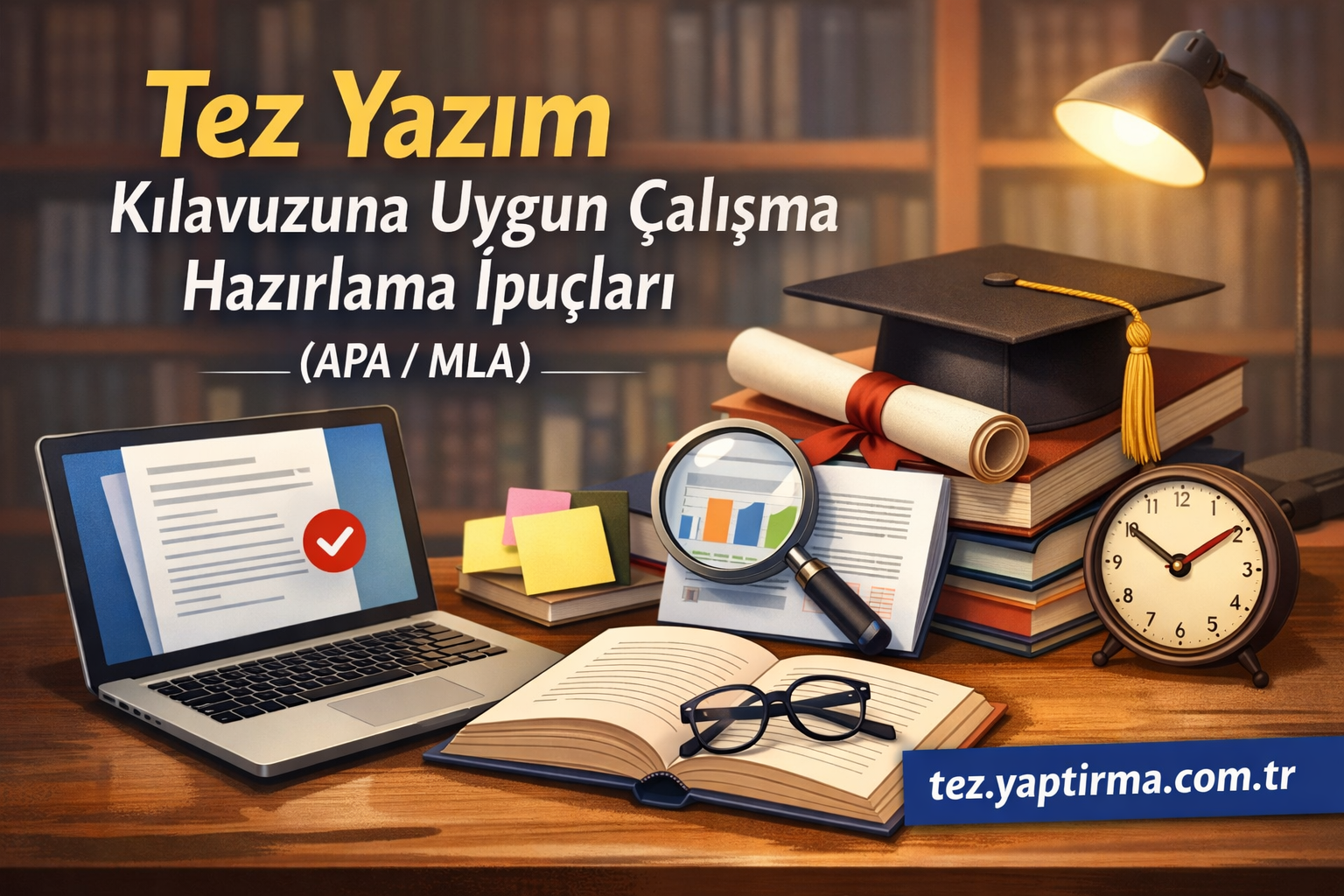 Tez yazımı için çalışma ipuçları içeren banner: laptop, kitaplar, diploma, mezuniyet töreni rozetli şapka, büyüteç ve masa saatiyle masa üzerinde. (tez.yaptırma.com.tr)