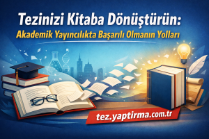 Turkish promotional banner: 'Tezinizi Kitaba Dönüştürün: Akademik Yayıncılıkta Başarılı Olmanın Yolları' with books, glasses, and a glowing lightbulb.