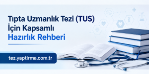 Turkish medical residency thesis preparation guide cover with bold blue text, a stack of blue books, an open notebook and stethoscope, and tez.yaptirma.com.tr at the bottom left.