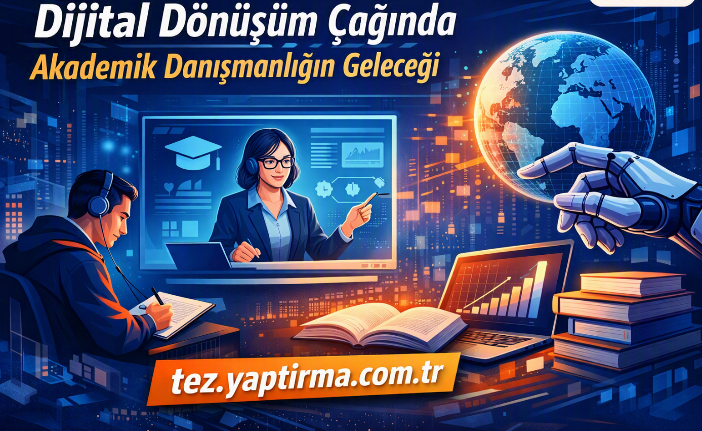 Turkish promotional banner about the future of academic advising in the digital era; lecturer on screen, student taking notes, globe and tech visuals, tez.yaptrima.com.tr